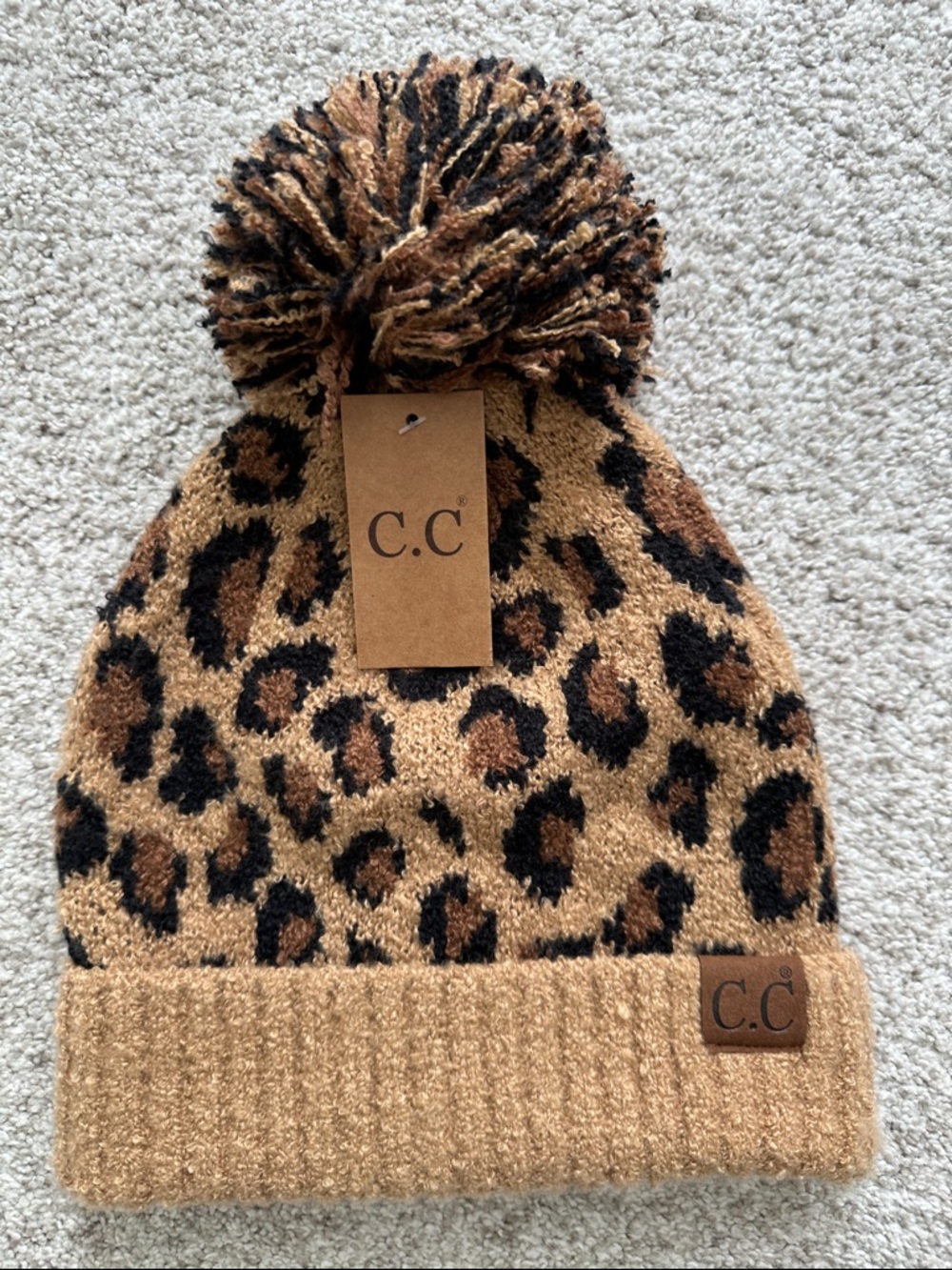 C.C Women’s Leopard Pom Beanie - Tan and Black